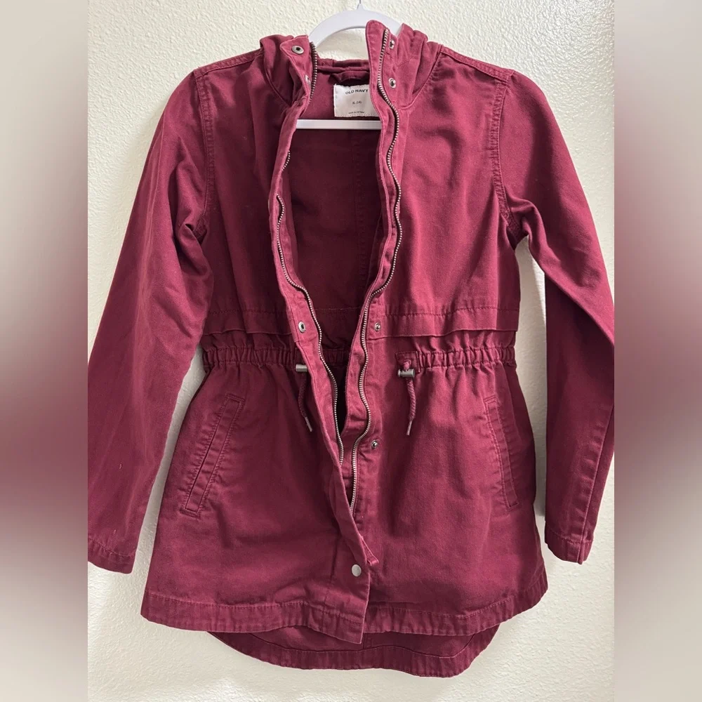 Old Navy Hooded Scout Jacket Full Zip Snap Buttons Pockets Maroon Girls XL 14